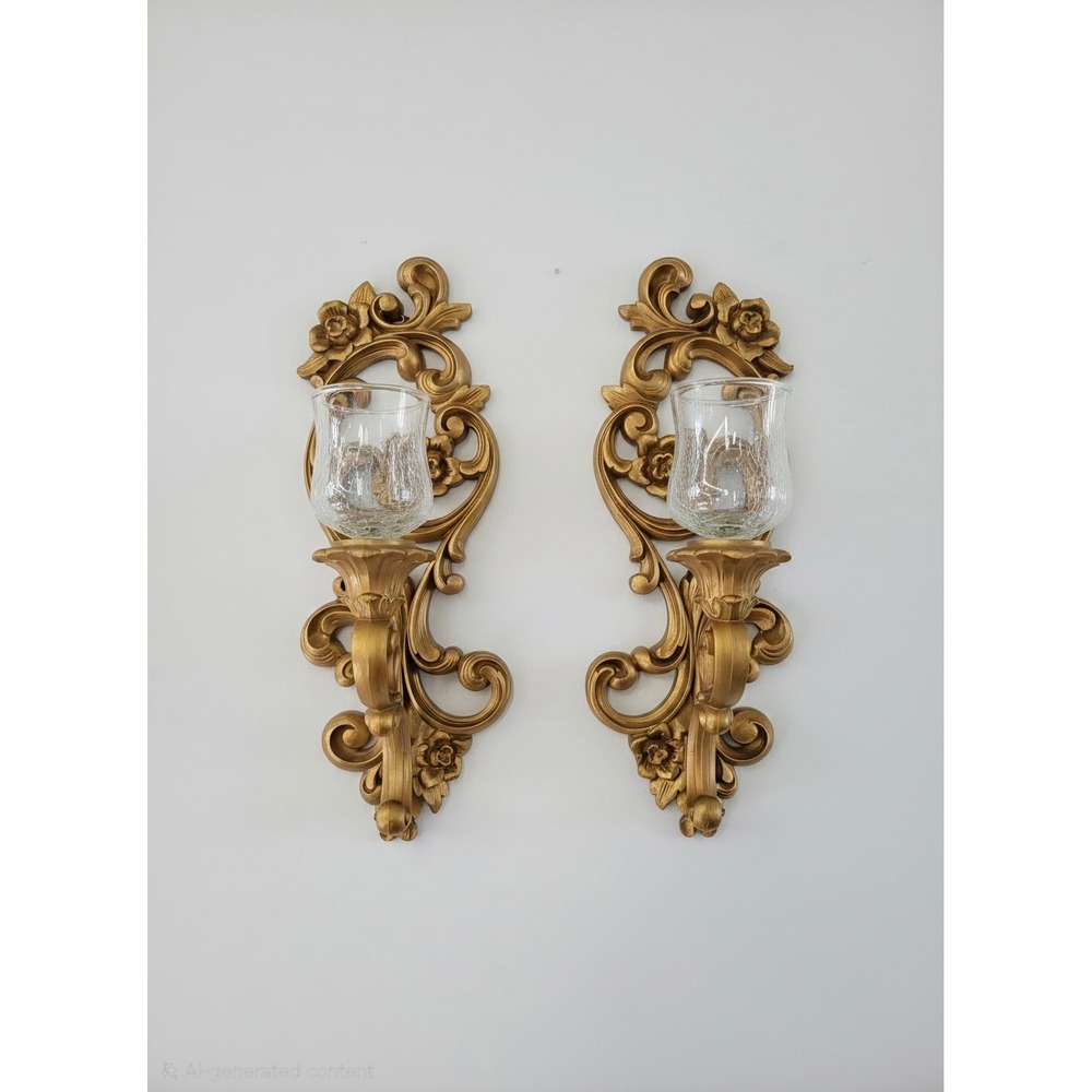 Vintage Homco Gold Wall Sconces Pair 4118 Hollywood Regency Crackle Glass 1971